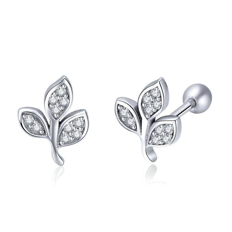925 Sterling Silver Leaf Stud Earrings for Women – Elegant Zircon Inlay Design