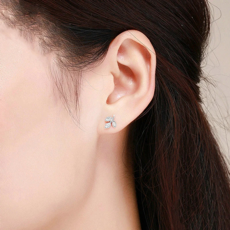 925 Sterling Silver Leaf Stud Earrings for Women – Elegant Zircon Inlay Design
