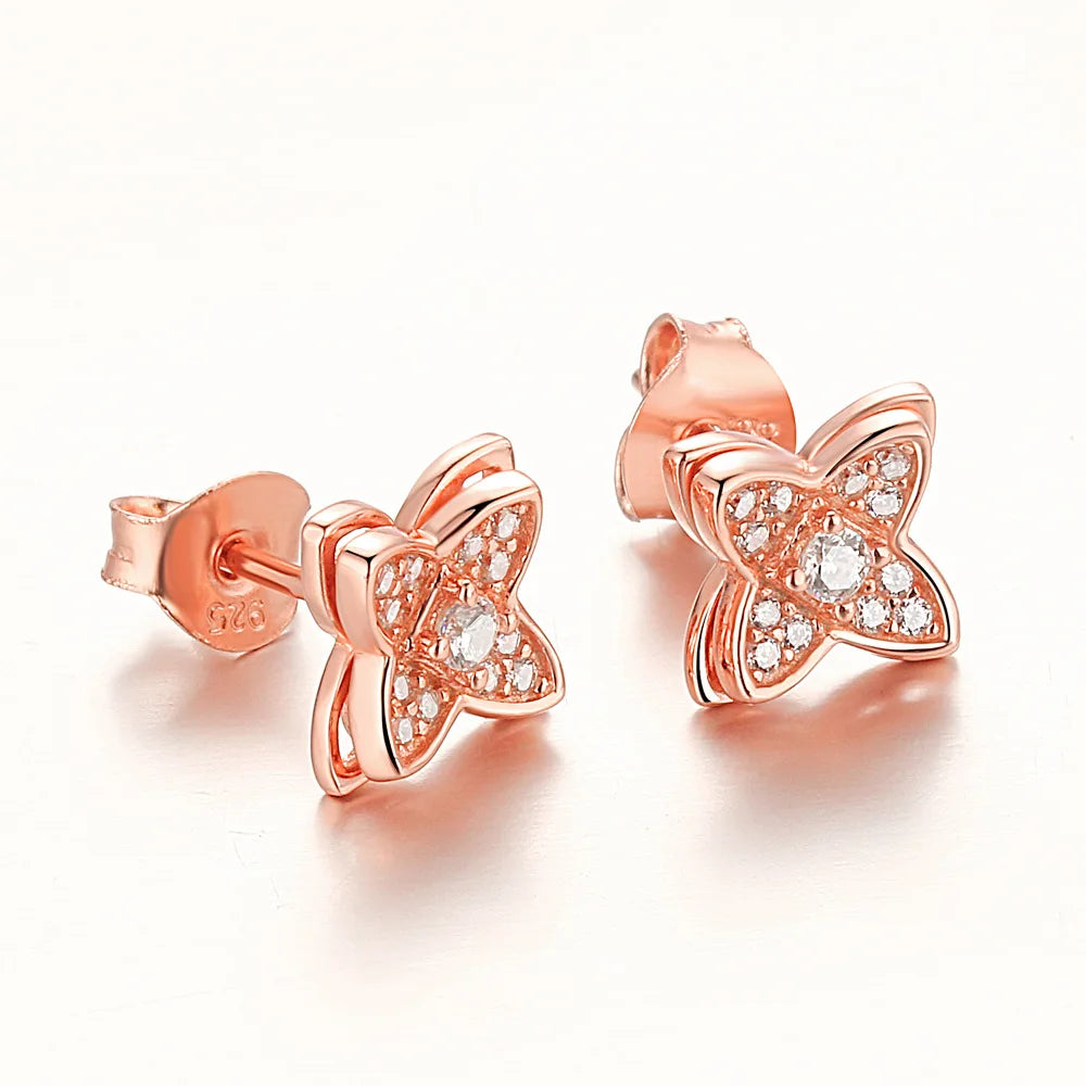 925 Sterling Silver Four Leaf Clover Stud Earrings for Women – Lucky Double Layer Minimalist Jewelry