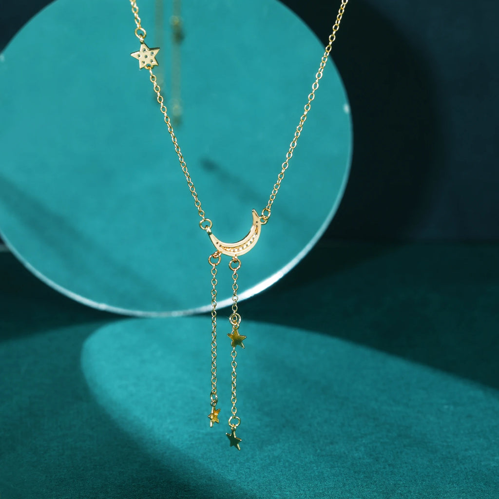 Moon and Star Pendant Necklace for Women – 925 Sterling Silver with Zircon, Rhodium or Gold Plated Celestial Jewelry