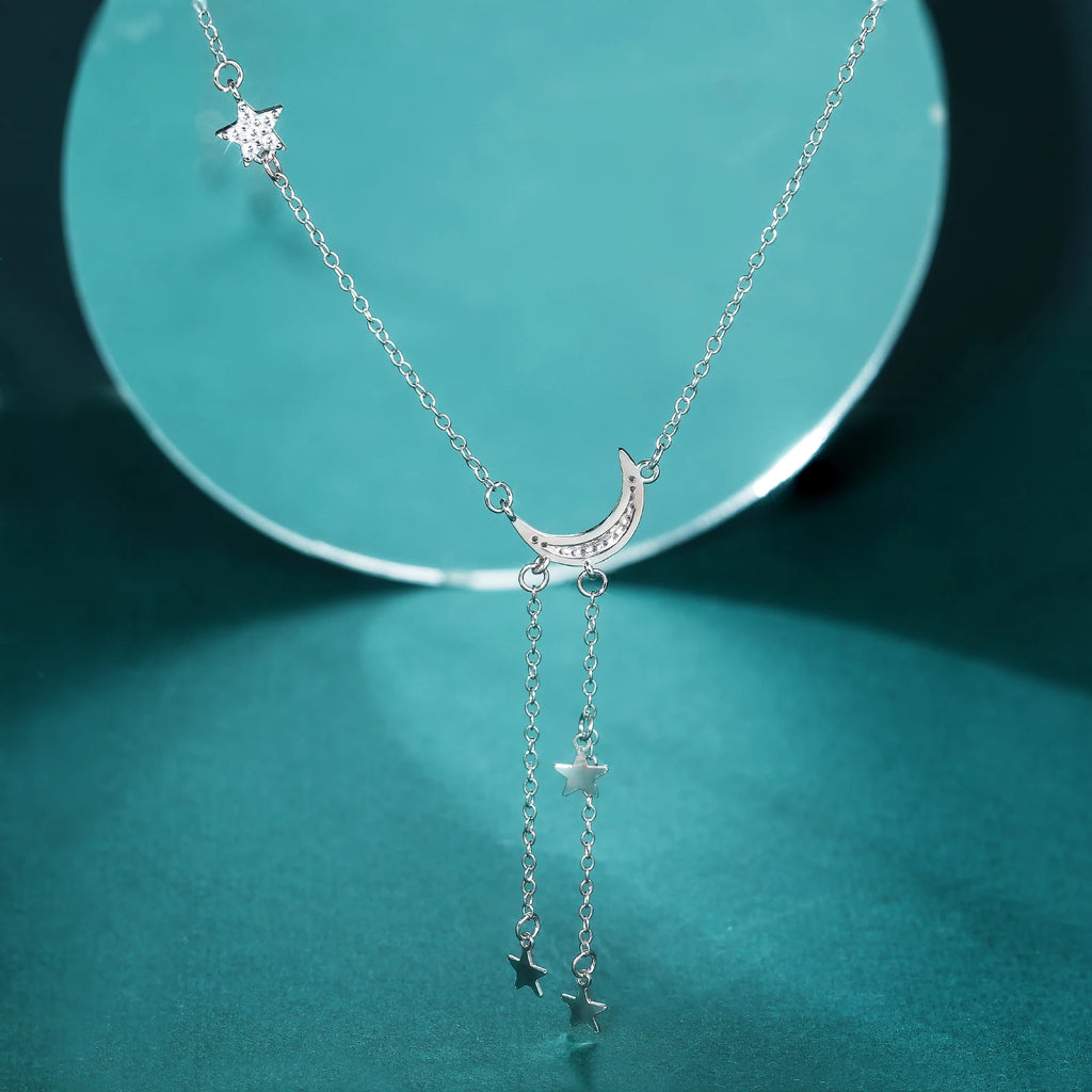 Moon and Star Pendant Necklace for Women – 925 Sterling Silver with Zircon, Rhodium or Gold Plated Celestial Jewelry