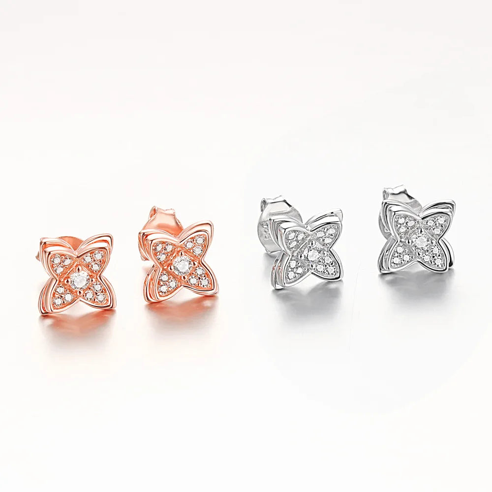 925 Sterling Silver Four Leaf Clover Stud Earrings for Women – Lucky Double Layer Minimalist Jewelry