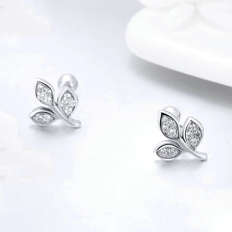 925 Sterling Silver Leaf Stud Earrings for Women – Elegant Zircon Inlay Design