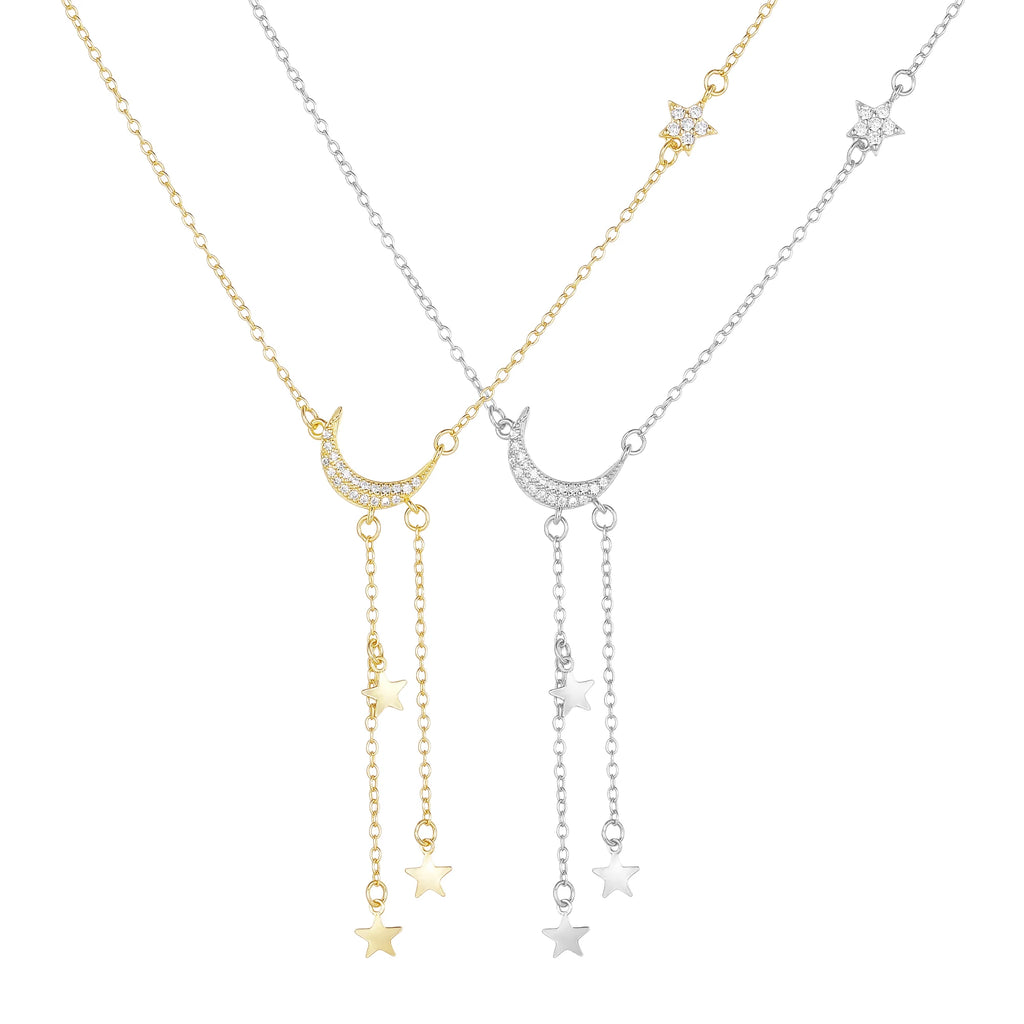 Moon and Star Pendant Necklace for Women – 925 Sterling Silver with Zircon, Rhodium or Gold Plated Celestial Jewelry