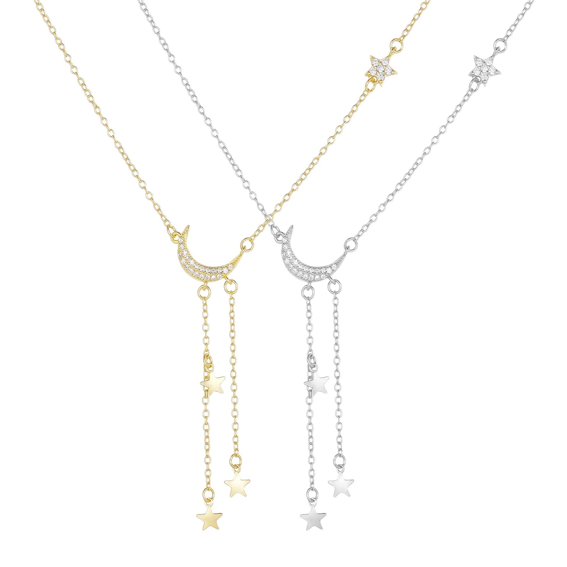 Moon and Star Pendant Necklace for Women – 925 Sterling Silver with Zircon, Rhodium or Gold Plated Celestial Jewelry